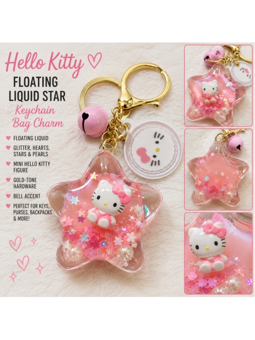 Hello Kitty Floating Liquid Star Shaker Keychain Bag Charm Pink